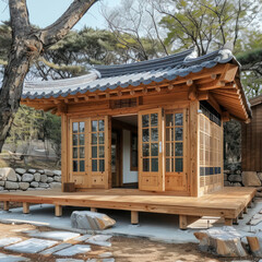 Naklejka premium Tiny one floor timber frame house with single front doors and terrace with korean theme design