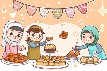 Cartoon cute doodles of characters preparing traditional Eid desserts and treats, such as baklava, maamoul, and sheer khurma, Generative AI