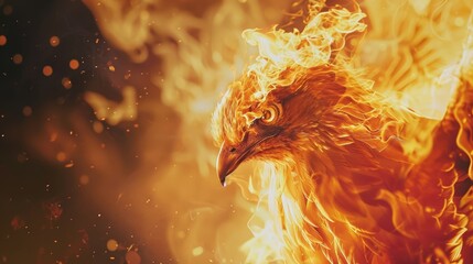 A mesmerizing close-up of a phoenix engulfed in flames, embodying the unpredictable and transformative nature of fire within a mysterious tarot setting - obrazy, fototapety, plakaty