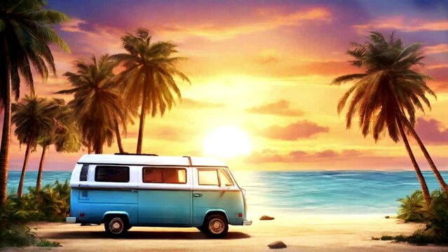 Camper van on tropical beach at sunset, travel and adventure concept