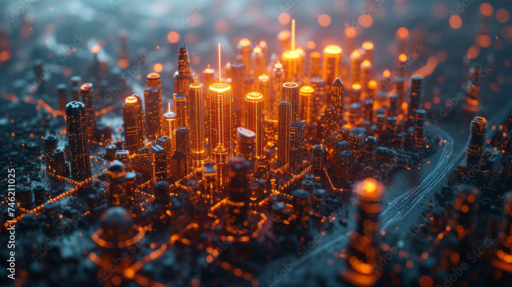 Poster a virtual cityscape is divided into different sections each representing a different industry. conne
