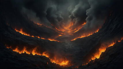 A deep, dark crevasse filled with fiery lava and smoke billows from the crack in the earth. ai generative