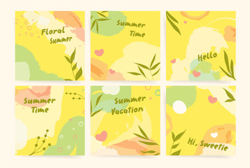 Spring colorful cover design. Springtime natural pattern set. Abstract yellow green square card design background.	