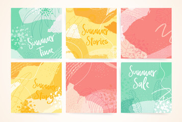 Summer Abstract Art Square Cover Design. Social media Square Banner Post Template with Natural Patterns, Tropical Leaves, Abstract Elements. Yellow, Green, Red Layout Template Set.