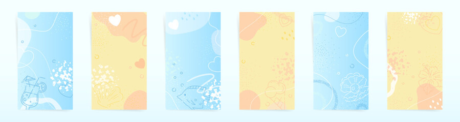 Fototapeta na wymiar Summer Stories Abstract Backgrounds - Playful Pastel Blue and Yellow Vector Illustrations with Hearts, Bubbles, and Floral Doodles