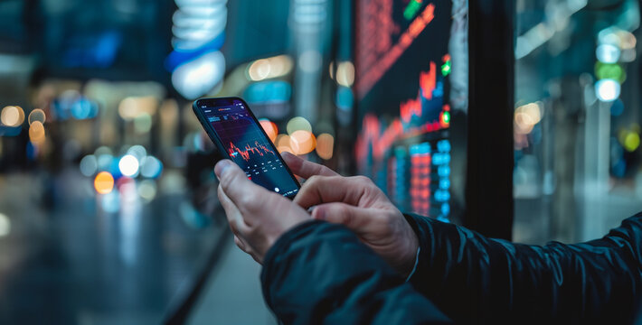 A businessman using a smartphone and checking stock market updates realistic photography