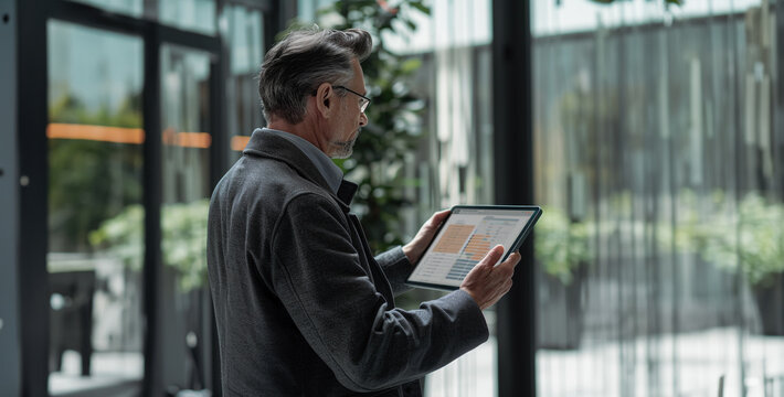 A businessman using a tablet to showcase a presentation to his clients realistic photograph