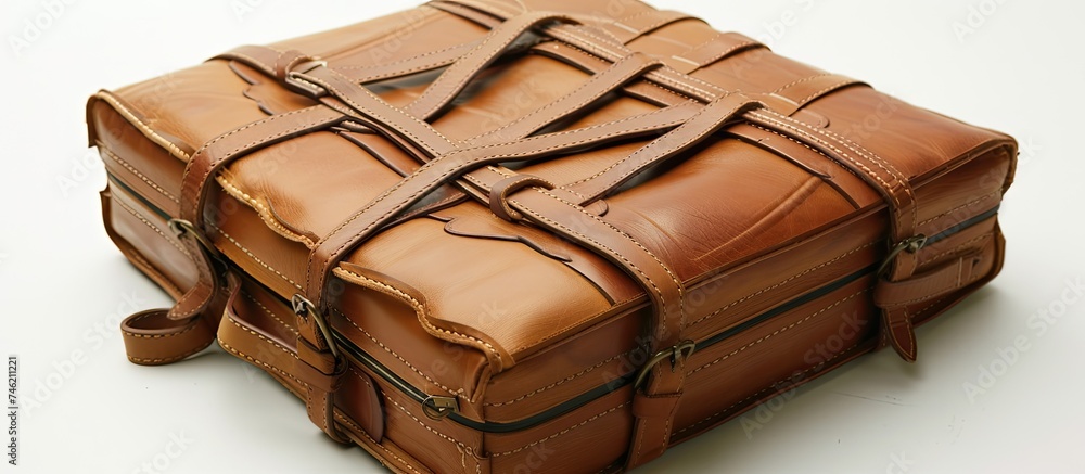 Poster a brown leather suitcase is placed on top of a white floor. the suitcase is closed and sits neatly o