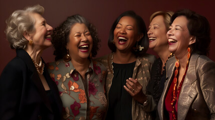 A group of five senior women of various ages, body skin colors, and nationalities are laughing and enjoying together. Old white, black and Asian women are having a good time. Brown background. - obrazy, fototapety, plakaty