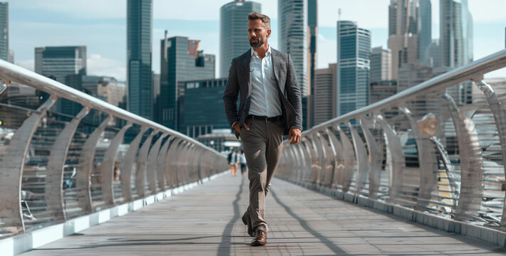 A businessman walking confidently with a city skyline in the background realistic photography