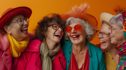 A group of five senior women of various ages, body skin colors, and nationalities are laughing and enjoying together. Old white and black women are having a good time. Gradient orange background. - obrazy, fototapety, plakaty