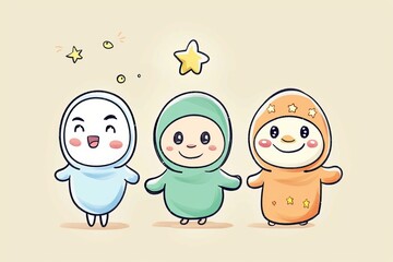 Cartoon cute doodles of characters performing acts of kindness and spreading smiles to brighten the day of others on Eid, Generative AI