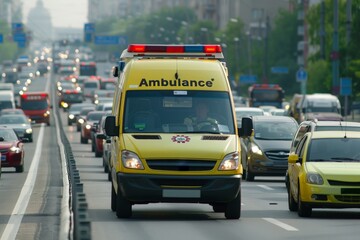Fototapeta na wymiar Ambulance with lights on driving down road, Snapshot of speeding ambulance on job