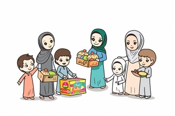 Cartoon cute doodles of characters performing acts of kindness and spreading smiles to brighten the day of others on Eid, Generative AI