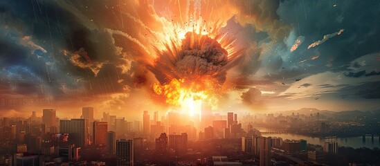 An illustration depicting the dramatic explosion of an atomic nuclear bomb over a cityscape. - obrazy, fototapety, plakaty