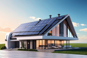 futuristic generic smart home with solar panels rooftop system for renewable energy concepts as wide banner with copy space area. Generative AI