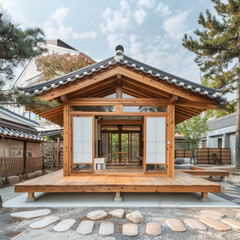 Fototapeta na wymiar Tiny one floor timber frame house with single front doors and terrace with korean theme design
