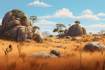 Fototapeta na wymiar Expansive Savanna rocks field grass. Stone desert. Generate Ai