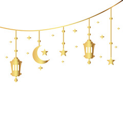 Simple hanging Arabic traditional lantern lamp for Ramadan Kareem, Eid Fitr or Adha Mubarak Greeting banner card. gold golden color crescent moon and star symbol Outline line icon Vector Illustration