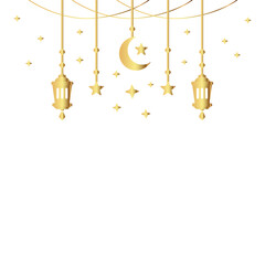 golden hanging Arabic traditional Ramadan Kareem lantern. Eid Fitr or Adha Mubarak lamp Greeting gold color crescent moon and yellow stars symbol Outline line icon Vector Illustration