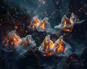 In a dark and mysterious fantasy world, a close-up reveals intricate details of gyoza dumplings surrounded by random star formations that illuminate the eerie landscape