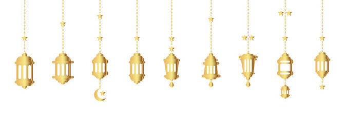 hanging golden color Arabic traditional Ramadan Kareem lantern collection set. Eid Fitr or Adha Mubarak lamp Greeting crescent moon and star gold symbol Outline line icon Vector Illustration