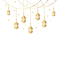 Ramadan Kareem and Eid Mubarak Arabian lanterns lamps for Muslim Islam holiday greeting card with gold stars. Gold golden color Outline line vector illustration background