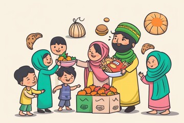 Cartoon cute doodles of characters participating in Eid charity initiatives, distributing food and gifts to those in need within their community, Generative AI