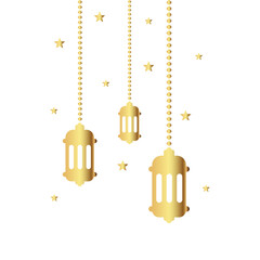 hanging gold golden color Arabic traditional Ramadan Kareem lantern. Eid Fitr or Adha Mubarak. Simple Greeting banner card with lamp stars symbol Outline line icon Vector Illustration