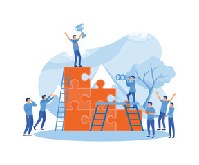 Fototapeta premium Success business team concept. People working on their role with business woman cheering up by big gold trophy on the puzzle elements. flat vector modern illustration 