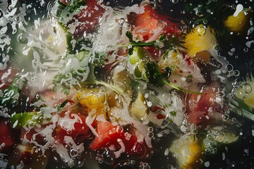 In the depths of a ceviche dish, random patterns emerge from the chaotic interplay of ingredients, forming an unsettling portrait of artificial intelligence gone awry