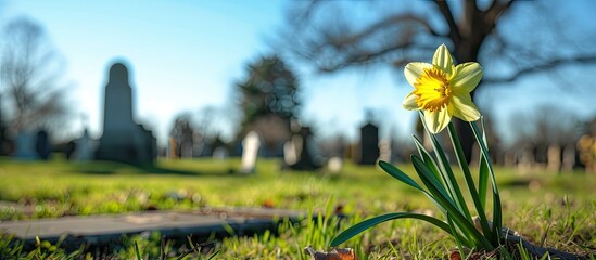 A daffodil narcissus flower stands out in the grass, set against a blurred background of a cemetery with grave stones, a green field, and a blue sky. - obrazy, fototapety, plakaty