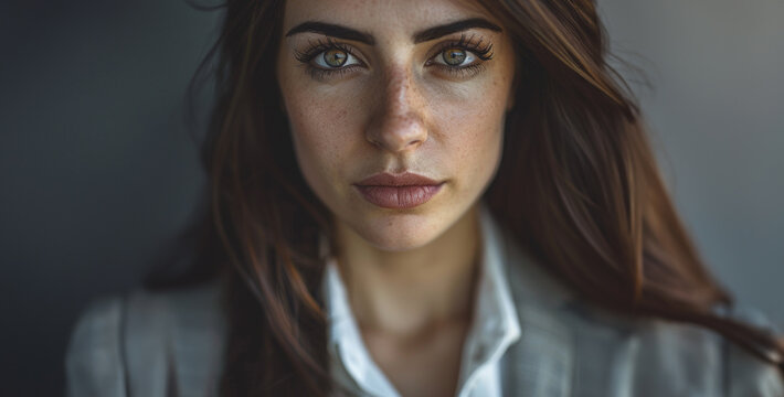 A close-up of a businesswoman's face, expressing determination and focus realistic photography