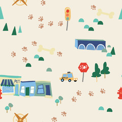 Pet paw print street map seamless repeat pattern