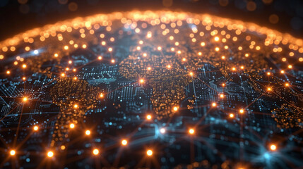 Naklejka premium A globe is embedded with circuits and data streams symbolizing the interconnectedness of the global financial market. With every transaction and exchange data is being generated