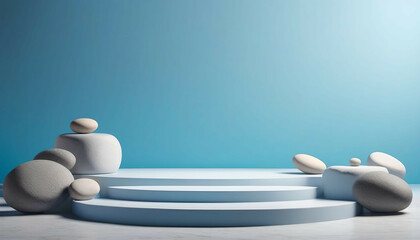 A beautiful blue background for presentations with a podium and masonry round stones in a soothing color scheme