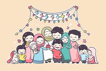 Cartoon cute doodles of characters exchanging joyful Eid greetings and hugs with family and friends, surrounded by festive decorations, Generative AI