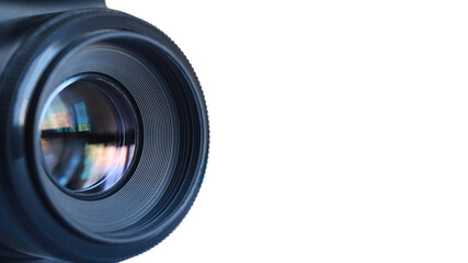 Camera lens on a white background. Large copy space