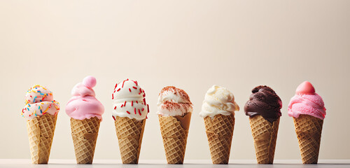 Row of delicious and colorful ice cream scoops of various flavors in wafle cones on beige background with copy space for text. Summertime cold sweet dessert.