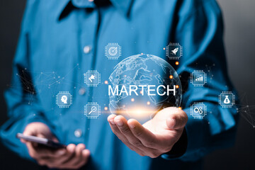 Martech marketing technology concept. Network connection on online marketing system, digital market...
