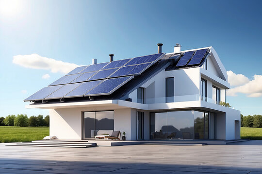 futuristic generic smart home with solar panels rooftop system for renewable energy concepts as wide banner with copy space area. Generative AI