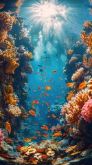 Fototapeta na wymiar An underwater scene showcasing a vibrant coral reef abundant with various species of fish swimming around.