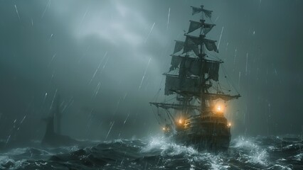 pirate ship in storm exacting precision soggy normcore cobra - obrazy, fototapety, plakaty