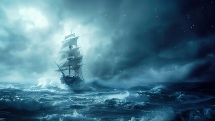 pirate ship in storm exacting precision soggy normcore cobra - obrazy, fototapety, plakaty