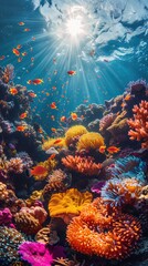 An underwater scene showcasing a vibrant and diverse coral reef teeming with life and color.