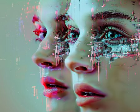 Witness the digital twins, their perfect features marred by glitching pixels and corrupted code, a haunting glimpse into a twisted world of artificial perfection gone awry
