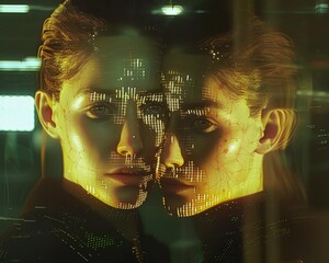 Witness the digital twins, their perfect features marred by glitching pixels and corrupted code, a haunting glimpse into a twisted world of artificial perfection gone awry