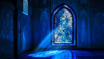 a blue stained glass window in a room