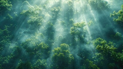 A dense forest with numerous green trees creating a lush landscape. - obrazy, fototapety, plakaty