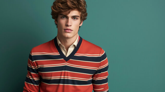 A bold striped polo layered under a Vneck sweater giving off a preppy and refined look.